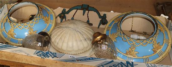 Pair of French metal 1920s uplighters, hanging light, alabaster shade etc.